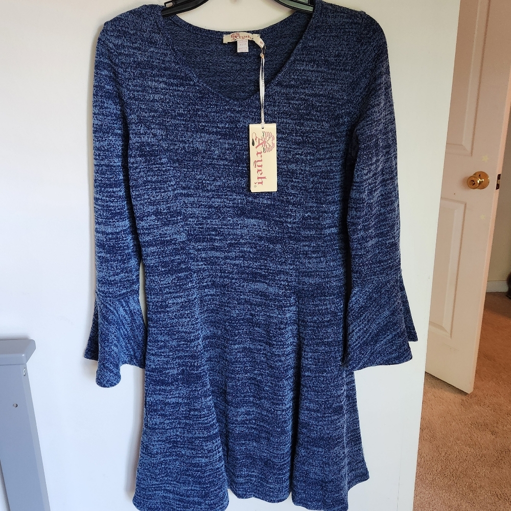 Aryeh Textured Blue Heathered Bell Sleeve Retro Sweater Dress Size Small NWT